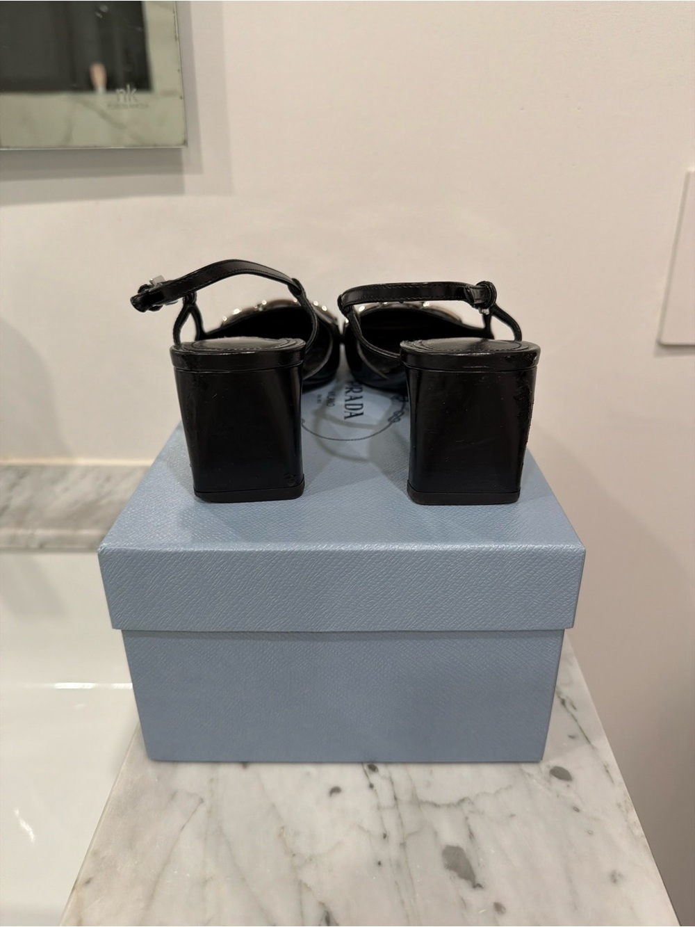 Prada Black Leather Slingback Heels with Silver Buckle Accent - Picture 3 of 3